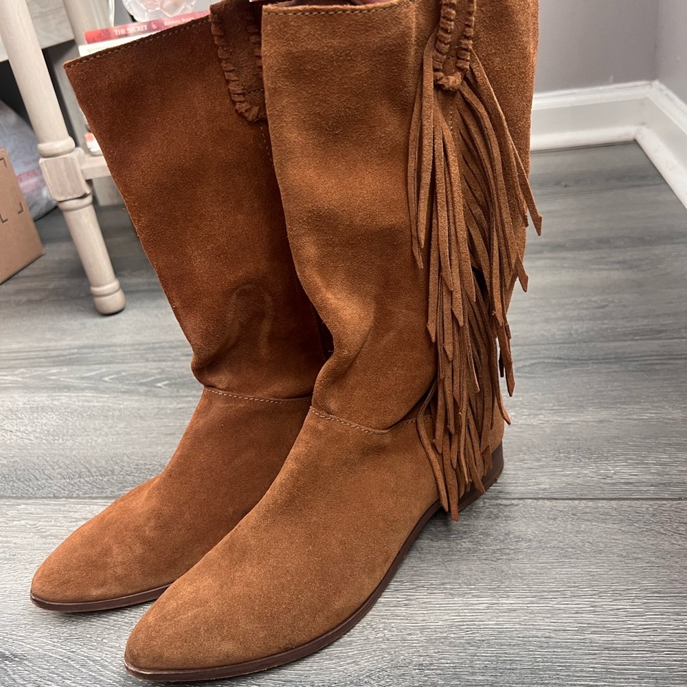 Pull&Bear Suede Fringe Mid-Calf Boots in Brown